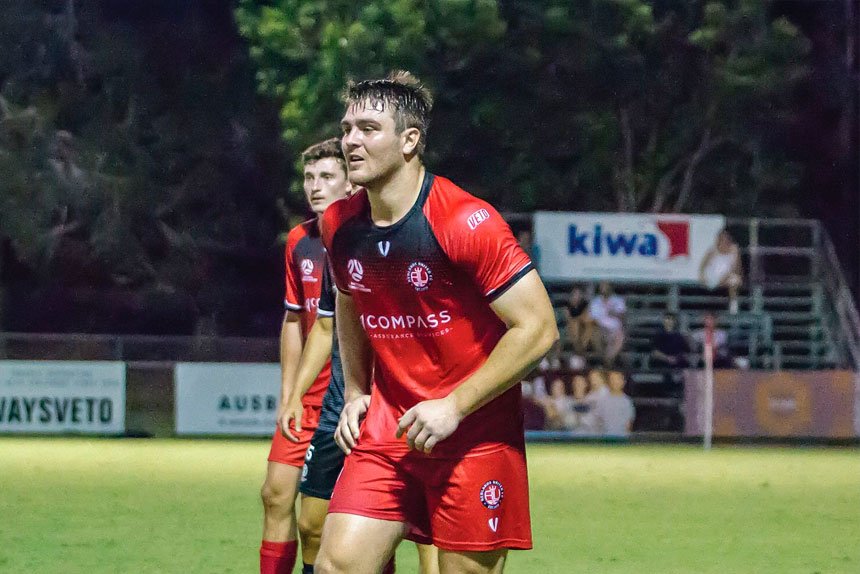 TOP PERFORMER: Redlands man of the match Noah Hitchcock regularly turned defence into attack for the Red Devils against Brisbane Roar. Photo: Ray Gardner