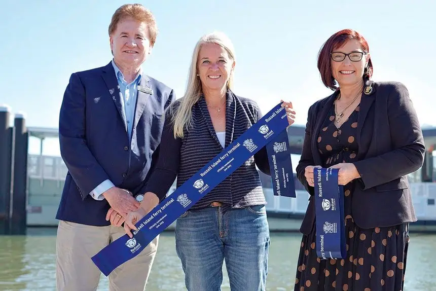 MAJOR INVESTMENT: Redland councillors Lance Hewlett and Julie Talty with Redlands MP Kim Richards (middle) at the official opening of the new Russell Island ferry terminal. 