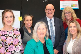 NEW ERA: Prep teacher Emma Brownscombe, business manager Kylie Ramsay, deputy principal Susan Bunce, assistant regional director SE region Brian Ragh, principal Sue Hendriks and community relations officer Kelly Marc answered questions of the community at a meeting about the new school on June 19.
