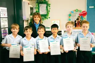 REWARD FOR EFFORT: Redlands College students Mitchell Owens, Lachlan Hill, Cruz Galletly, Asher Chuy, Caleb Russell and Joey O’Brien with Cr Wendy Boglary (back).