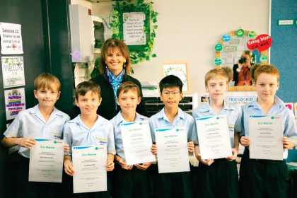 REWARD FOR EFFORT: Redlands College students Mitchell Owens, Lachlan Hill, Cruz Galletly, Asher Chuy, Caleb Russell and Joey O’Brien with Cr Wendy Boglary (back).