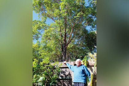 LOOMING LARGE: John McCorley with a large tree near his Victoria Point home.