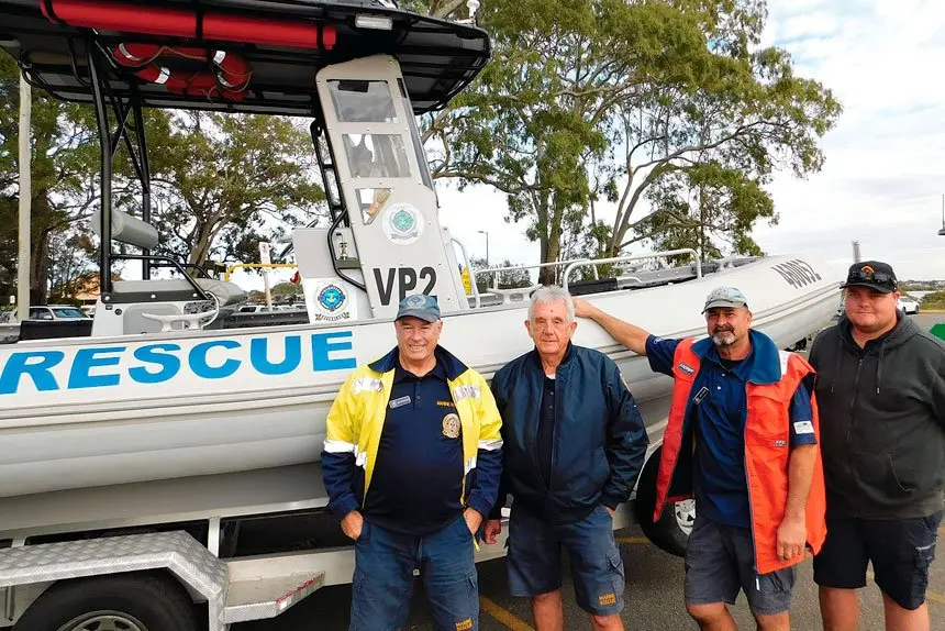 ON THE WATER: John Porteous, Del Mirams, Jeff Cole and Liam Fing at VMR headquarters.Photo: Ellie Webster