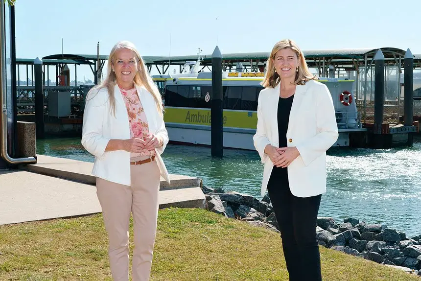 COMMUNTY BOOST: Health Minister Shannon Fentiman and Redlands MP Kim Richards with the new ambulance vessel at Redland Bay.