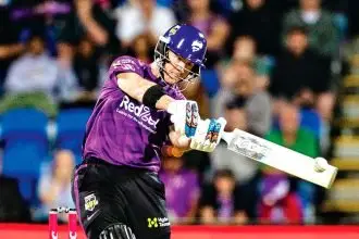 TALENT: D’Arcy Short goes big during a BBL game for the Hobart Hurricanes. Photo: Linda Higginson/AAP Images