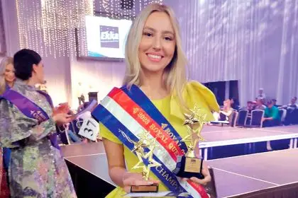 RISING STAR: Tayla McFarlane won grand champion in the Ekka Natural Fibres Fashion Competition for the third straight year.