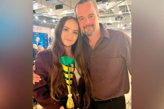 RISING STAR: Chiara Tomasi and Bocce Australia’s head referee Joe Maselli when Chiara won best and fairest at the Australian Bocce National Seniors Championship in June.
