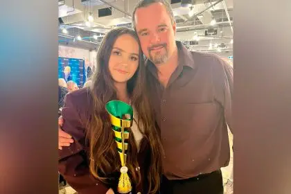 RISING STAR: Chiara Tomasi and Bocce Australia’s head referee Joe Maselli when Chiara won best and fairest at the Australian Bocce National Seniors Championship in June.