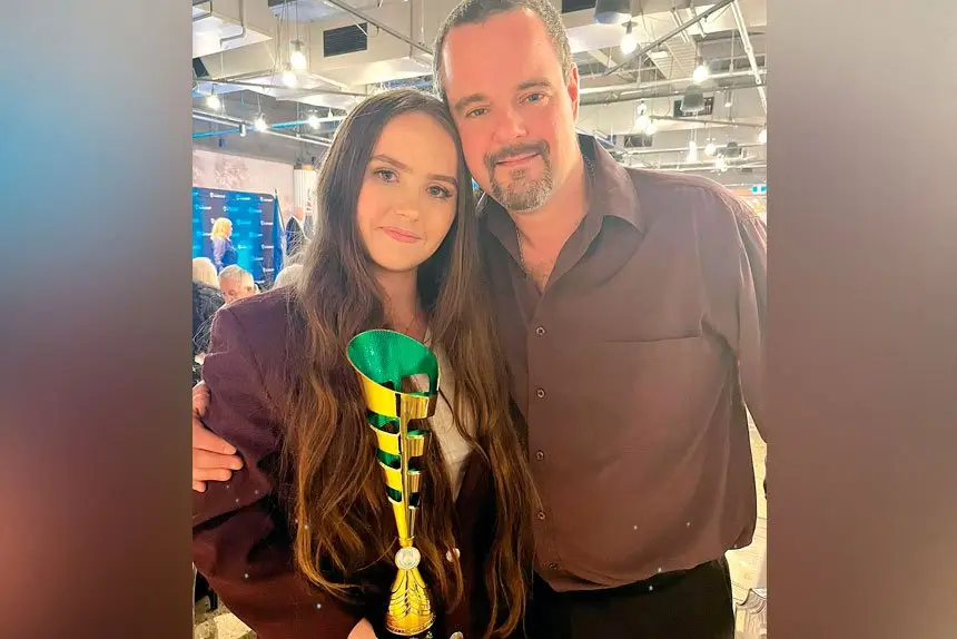 RISING STAR: Chiara Tomasi and Bocce Australia’s head referee Joe Maselli when Chiara won best and fairest at the Australian Bocce National Seniors Championship in June.