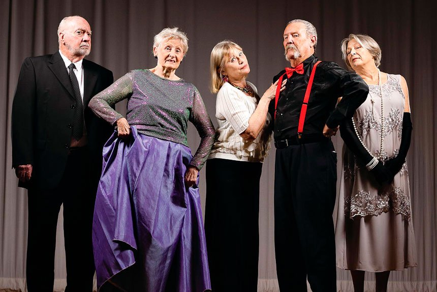 SHOWTIME: Dennis Walsh, Carole MacKinney, Glynis Sequeira, Clint Price and Sheryl Millard rehearse for Seniors Perform. Photo: Anderson