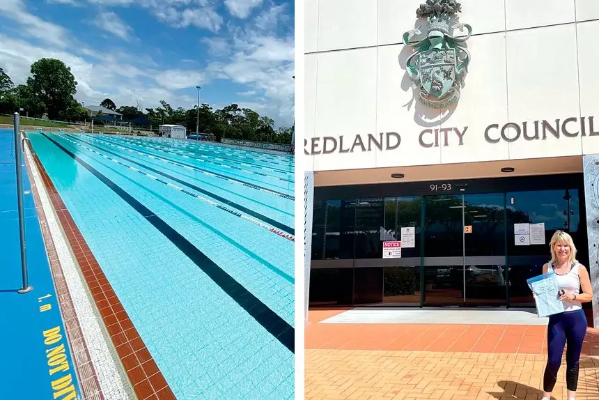 CAMPAIGN: The Cleveland Aquatic Centre and (right) Wellington Point resident Debbie Swain with her petition. Photos: Supplied/Redland City Council