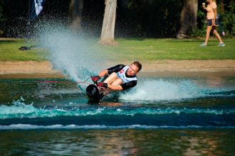 CRUISING: Wellington Point athlete Scott Wintle in action at the World Disabled Water Ski Championships in California. Photo: John Lipscomb