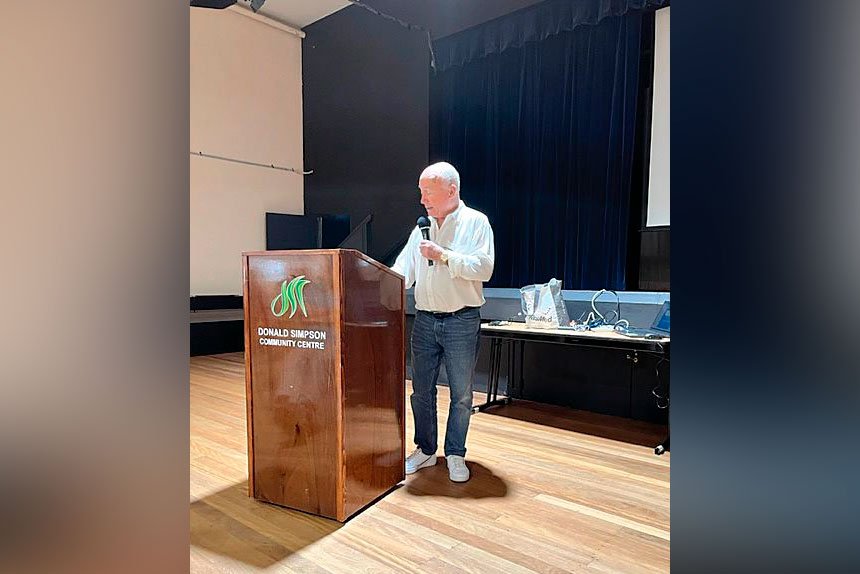 ON THE MIC: William Kelly speaking at the Donald Simpson Community Centre, Cleveland.