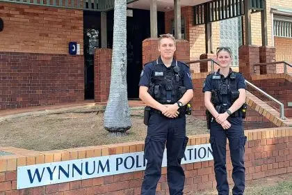 BEAMING: Jarryd Dennais and Katana Bailey have joined Wynnum Police Station as First Year Constables.