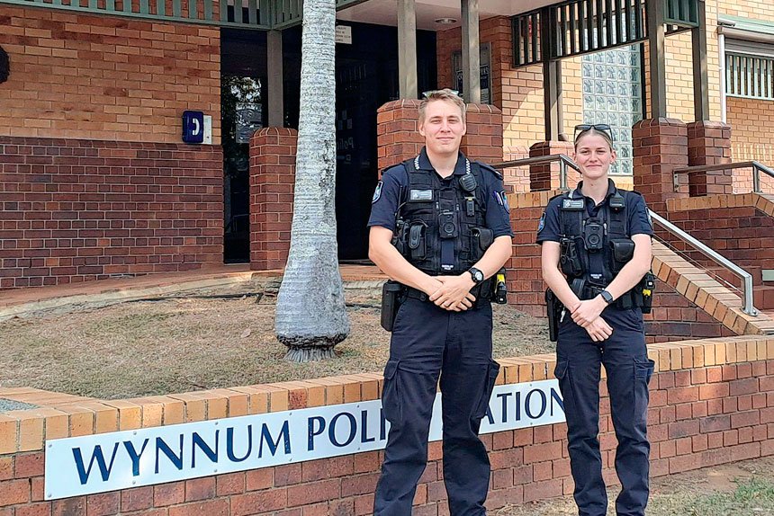 BEAMING: Jarryd Dennais and Katana Bailey have joined Wynnum Police Station as First Year Constables.