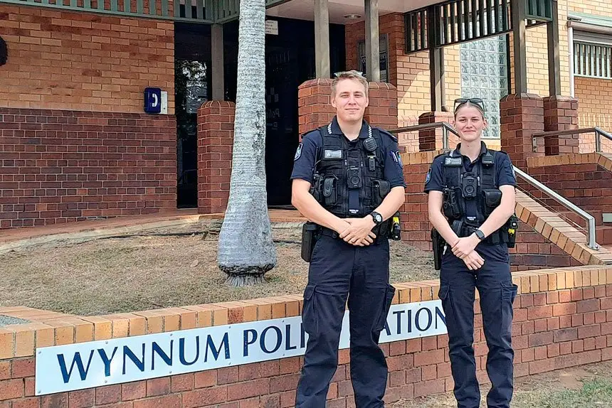 BEAMING: Jarryd Dennais and Katana Bailey have joined Wynnum Police Station as First Year Constables.
