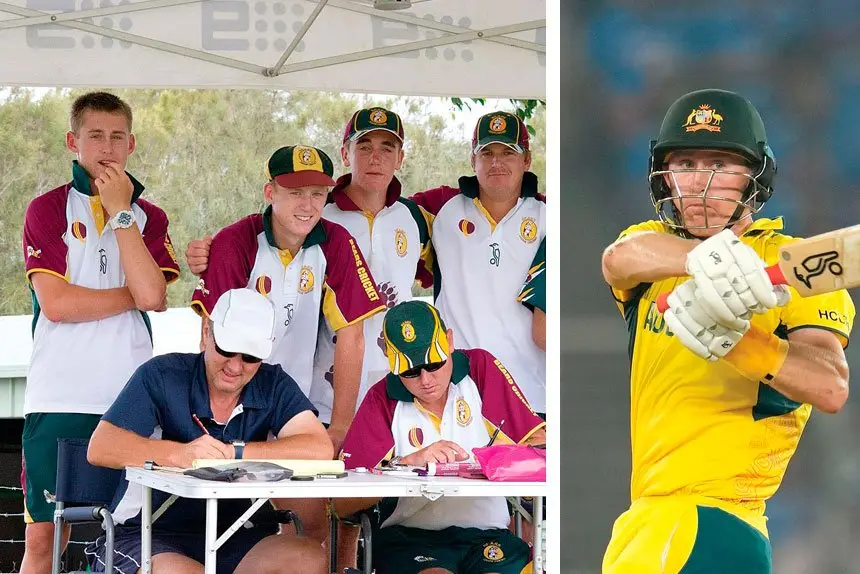 Then … Marnus Labuschagne (Left) representing Bayside East and Redlands in his younger years. (Right) Now … Starring with the bat in the world cup final against India. Photo: AP/Aijaz Rahi