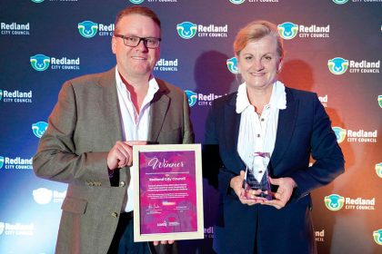 RECOGNITION: Redland City Council chief executive Andrew Chesterman and mayor Karen Williams with the LGAQ Alison Woolla Award.