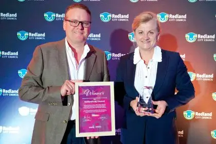 RECOGNITION: Redland City Council chief executive Andrew Chesterman and mayor Karen Williams with the LGAQ Alison Woolla Award.