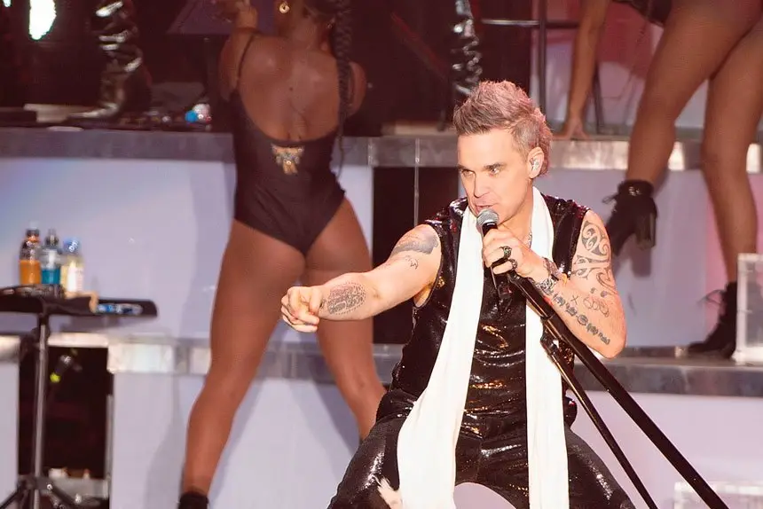 British pop star Robbie Williams belts out at tune at Sirromet. Photo: Sonia Bettinelli