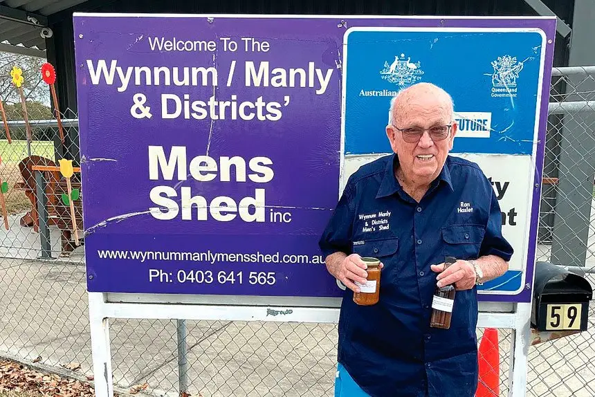 Wynnum Men’s Shed member Ron proudly displays his ‘famous’ sauce and relish.