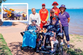 At the launch of the Accessible Beach Program at Wellington Point Recreation Reserve are (back from left) Mayor Karen Williams, lifeguards Logan Specht and Hayley Robinson and Cr Wendy Boglary with (front from left) Heather Coombes, Jackson Rhodes and Michelle Rhodes.