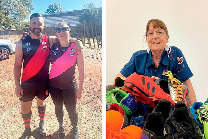 (Left) Ryan O’Donoghue Amanda Aquila in sports uniform. (Right) Sandra McKenzie of Birkdale has collected a load of boots to sent to Tennant Creek children.