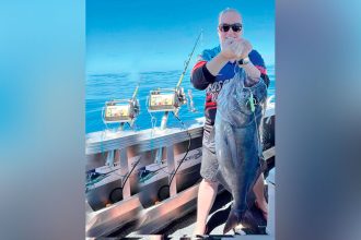 This massive blue eye trevally was caught in 500 metres of water outside Moreton Island recently. by Kirsty Teale