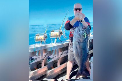 This massive blue eye trevally was caught in 500 metres of water outside Moreton Island recently. by Kirsty Teale