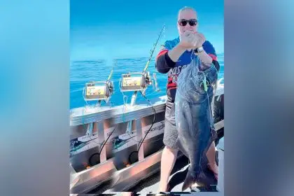 This massive blue eye trevally was caught in 500 metres of water outside Moreton Island recently. by Kirsty Teale