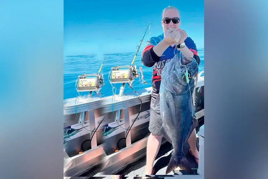 This massive blue eye trevally was caught in 500 metres of water outside Moreton Island recently. by Kirsty Teale