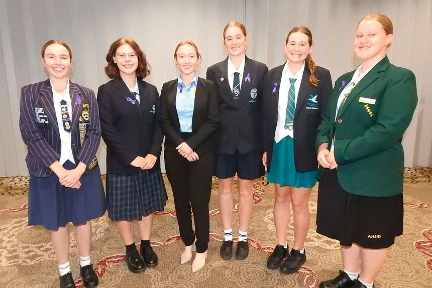 Students in attendance at this month’s IWD event. L- R: Lucy Norman, Hannah Russell, Lily Tayor, Juliet McLean and Zoe McDonald were inspired by guest speaker Katura Halleday (centre).