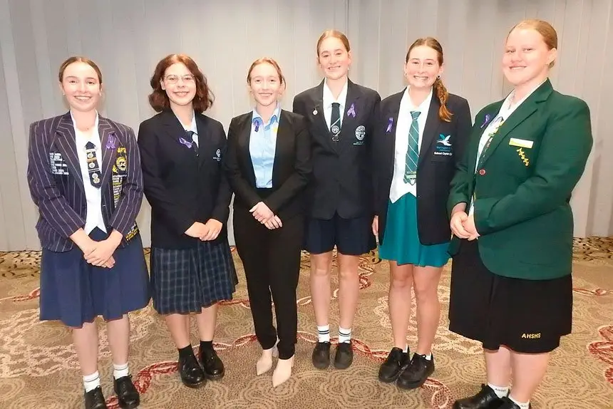 Students in attendance at this month’s IWD event. L- R: Lucy Norman, Hannah Russell, Lily Tayor, Juliet McLean and Zoe McDonald were inspired by guest speaker Katura Halleday (centre).