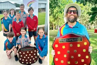 (Left) 100 PER CENT: Scenic Shores students gave everything and were rewarded. (Right) PROUD AS PUNCH: Scenic Shores HPE teacher shows the shield won by the students he trains.