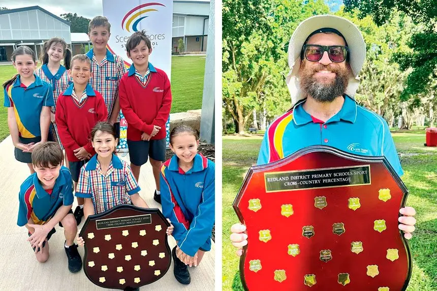 (Left) 100 PER CENT: Scenic Shores students gave everything and were rewarded. (Right) PROUD AS PUNCH: Scenic Shores HPE teacher shows the shield won by the students he trains.