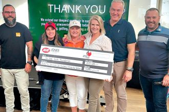 “Bowser” and Angie Bowers (general management of The Cage); Linda Grieve, co-founder of The Cage; Leanne and Tyrone Jones, Jones Retail Group owners, and CEO David Kindt.