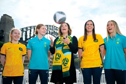 Federal Sport Minister Anika Wells (centre) along with (L-R) Young Matildas player Sasha Groves, and Matildas players Cortnee Vine, Lydia Williams and Courtney Nevin during a Football Australia announcement, in Sydney, Thursday, June 13, 2024. PHOTO: AAP