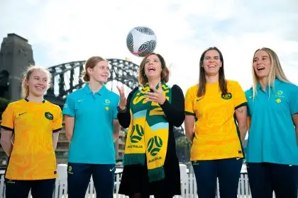 Federal Sport Minister Anika Wells (centre) along with (L-R) Young Matildas player Sasha Groves, and Matildas players Cortnee Vine, Lydia Williams and Courtney Nevin during a Football Australia announcement, in Sydney, Thursday, June 13, 2024. PHOTO: AAP