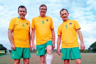 KICKING GOALS: Jeff Clarkson, Neil Brunner and Jim Sloan recently returned from representing Australia at the Walking Football World Cup in England.