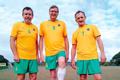 KICKING GOALS: Jeff Clarkson, Neil Brunner and Jim Sloan recently returned from representing Australia at the Walking Football World Cup in England.