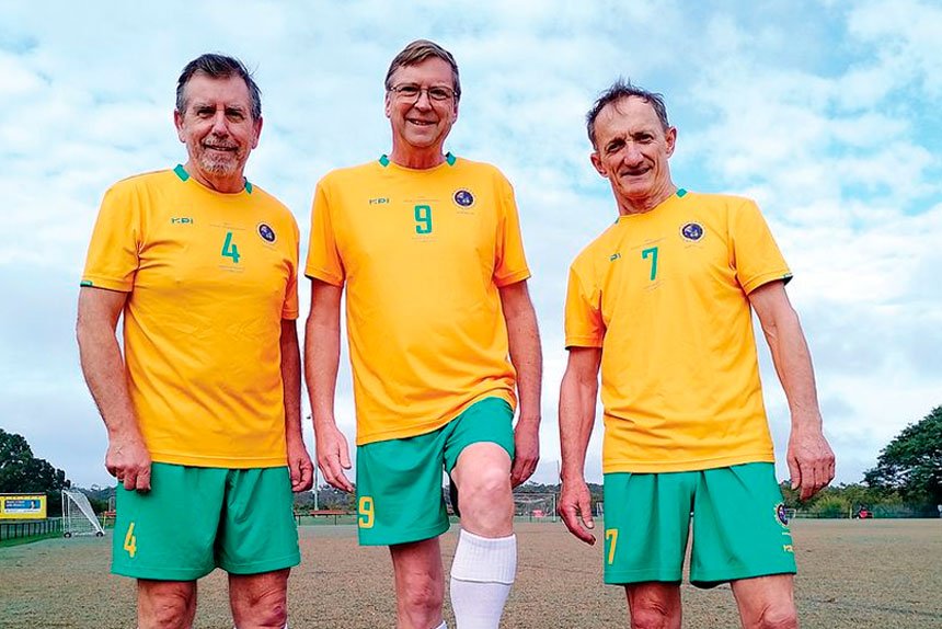 KICKING GOALS: Jeff Clarkson, Neil Brunner and Jim Sloan recently returned from representing Australia at the Walking Football World Cup in England.