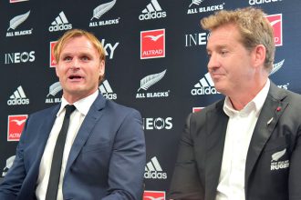 The new All Blacks coach Scott Robertson (left) and New Zealand Rugby chief executive Mark Robinson at a press conference in Wellington this week. PHOTO: AAP Image/Ben McKay