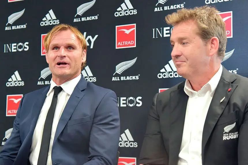 The new All Blacks coach Scott Robertson (left) and New Zealand Rugby chief executive Mark Robinson at a press conference in Wellington this week. PHOTO: AAP Image/Ben McKay