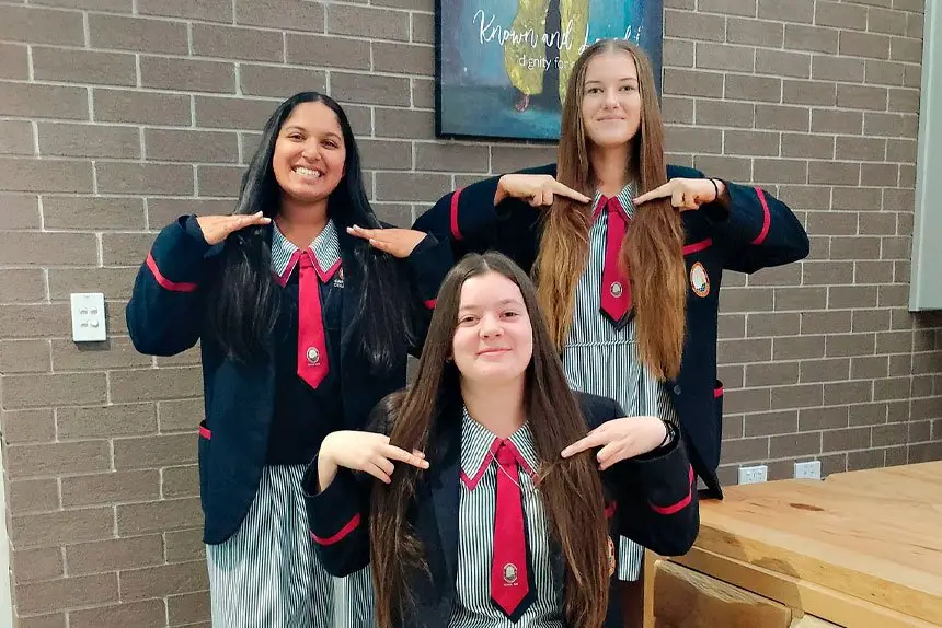 Lana Harris, Jessica Rowntree and Jennifer Viegas were among the 72 brave Carmel College Year 12 students to take part in the annual Carmel Chop.