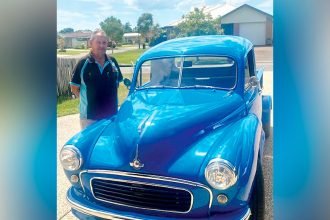 Alex Connors showed his blue 1955 Morris Minor custom ute, a tribute to his late wife, Val, at a car show at Ormiston State School.