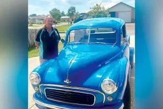 Alex Connors showed his blue 1955 Morris Minor custom ute, a tribute to his late wife, Val, at a car show at Ormiston State School.