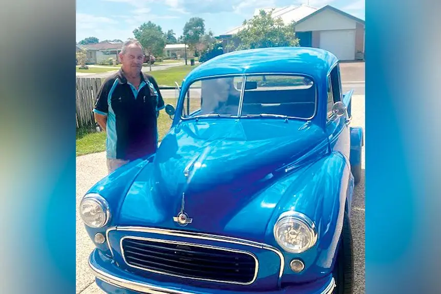 Alex Connors showed his blue 1955 Morris Minor custom ute, a tribute to his late wife, Val, at a car show at Ormiston State School.
