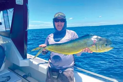 Frank Schlechtreim with a dolphin fish, caught offshore out of Moreton Island, a catch he describes as ‘opportunistic’ while fishing for snapper.