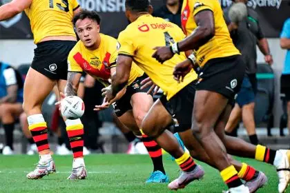 Liam Horne of Papua New Guinea during the Men's Pacific Championships playoff match between the New Zealand Kiwis and the PNG Kumuls. PHOTO: AAP Image/Dean Lewins