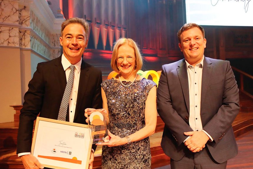 Traction founder and CEO Sandy Murdoch and Queensland Governor Jeannette Young with HESTA business relationship manager and judge Robert Paul.